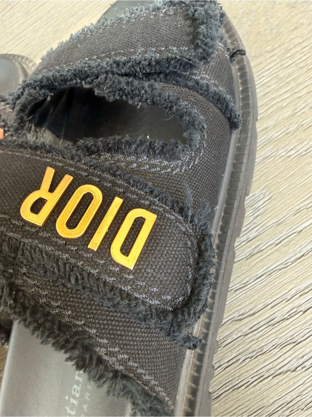 Dior Black Frayed Double-Strap Slide Sandals with Gold Logo - Picture 6 of 7